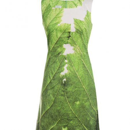 Designer Etuikleid bedruckt mit einem grossen grünen Blatt